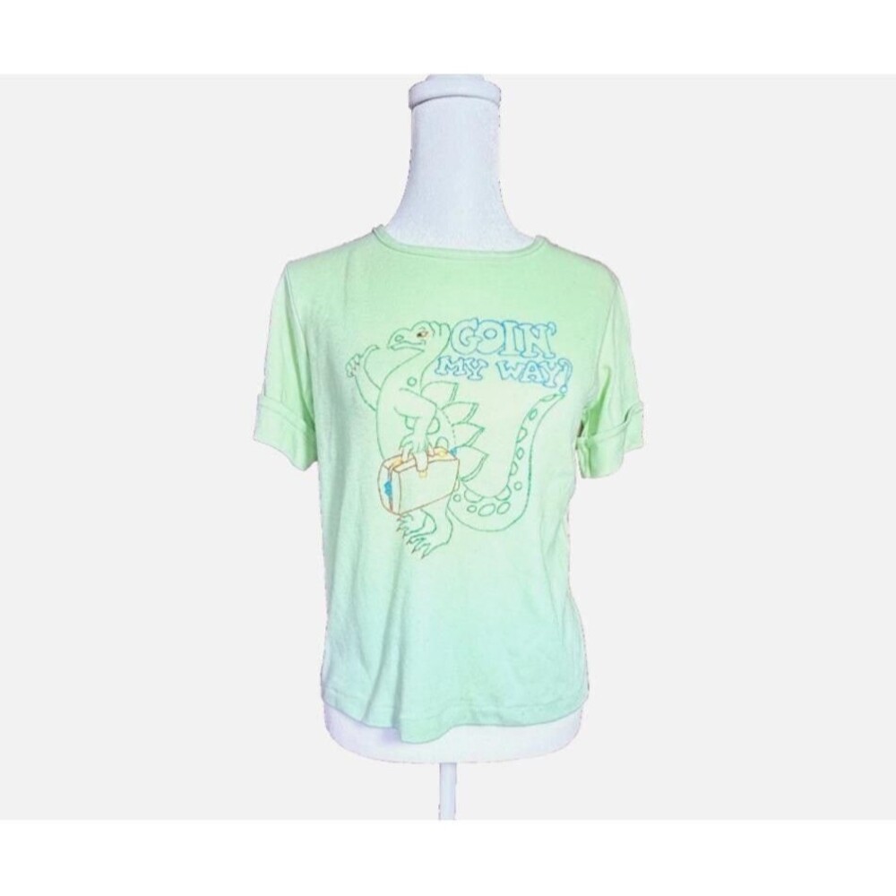 Vintage 70s Dinosaur Graphic Tee Mint Green Novelty T‎ Shirt Womens L Retro USA